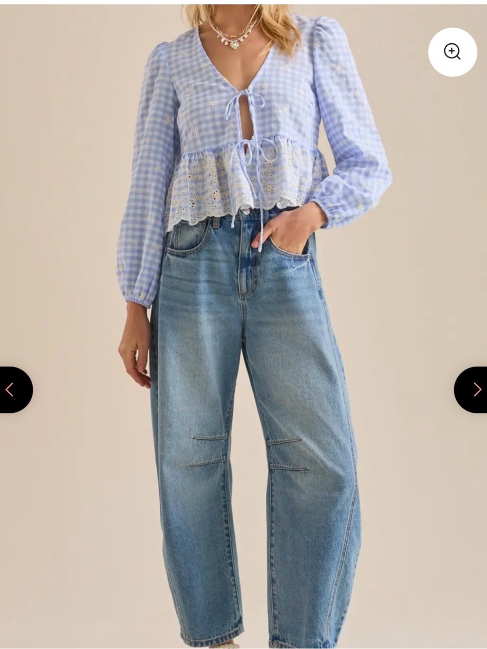 NWOT Lush Light Blue Gingham Tie-Front Peplum Blouse with White Embroidery M - Picture 1 of 9